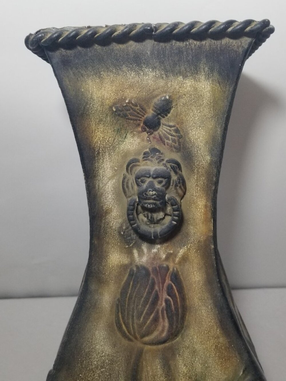 Metal Decorative Hammered Vase Bee Flower 16.5"x6.5" Gold Red Green Brown - Picture 9 of 16